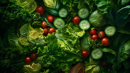 A fresh green salad with crisp lettuce cucumber and cherry tomatoes.