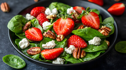 A fresh summer strawberry and spinach salad with goat cheese and pecans.