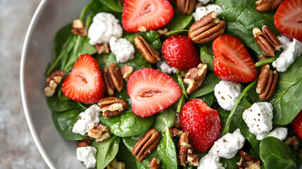 A fresh summer strawberry and spinach salad with goat cheese and pecans.