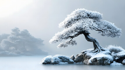 A frost-covered bonsai tree in a winter landscape with snow gently resting on its branches.