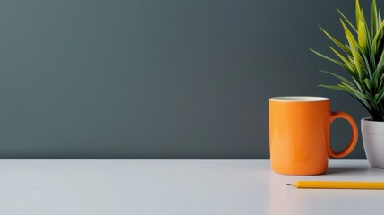 White desk with a gray wall in the background. on the desk, there is a white mug with an orange handle and a yellow pencil next to it.