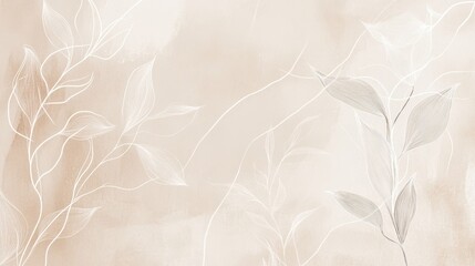Elegant Beige Background with White Leaf Line Art Design, a Calming and Minimalist Artistic Composition for Creative Projects