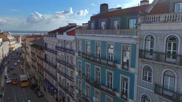 Azulejo Fascades in Lisbon. Aerial view of an Old Portuguese House decorated with Ceramic Tiles - Traditional Azulejo