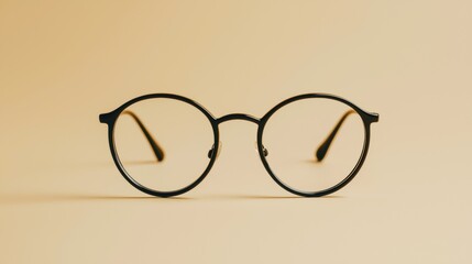Close-up of a pair of round eyeglasses. the glasses have a black frame with a thin metal bridge and two thin metal temples. the temples are slightly curved and appear to be made of metal.
