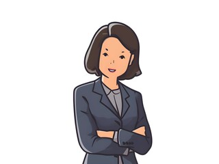 Businesswoman standing in suit and short hair, young business woman with arms crossed, female corporate employee executive vector illustration