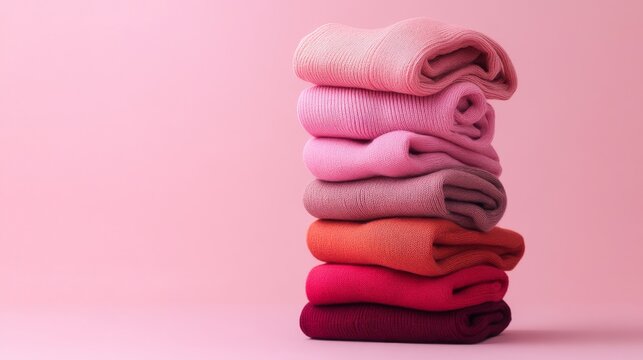 Tower of Folded Socks in Gradient Shades on Pink Background with Text Space