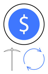 Dollar coin with circular arrows illustrating flow and pickaxe symbolizing mining. Ideal for cryptocurrency, finance, mining, blockchain, economy, investment, digital assets. Flat simple metaphor