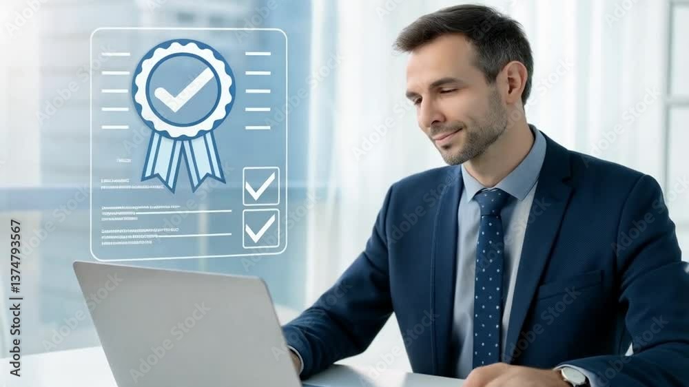 Aufkleber man in suit working on laptop with quality assurance graphic overlay and clipboard on the desk nearb