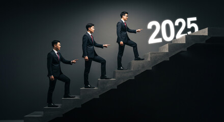 Obraz premium Three ambitious businessmen ascend the steps towards 2025, a journey of progress and collaboration illuminated in a dramatic, dark setting.