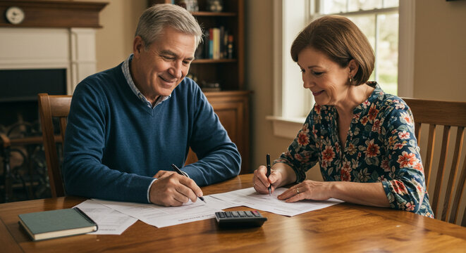 A retired couple carefully reviewing their financial documents together at home, enjoying a peaceful moment of planning for the future with warm, soft indoor lighting.