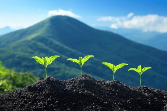 Seedlings emerge from soil against a backdrop of mountain and clear sky, symbolizing growth
