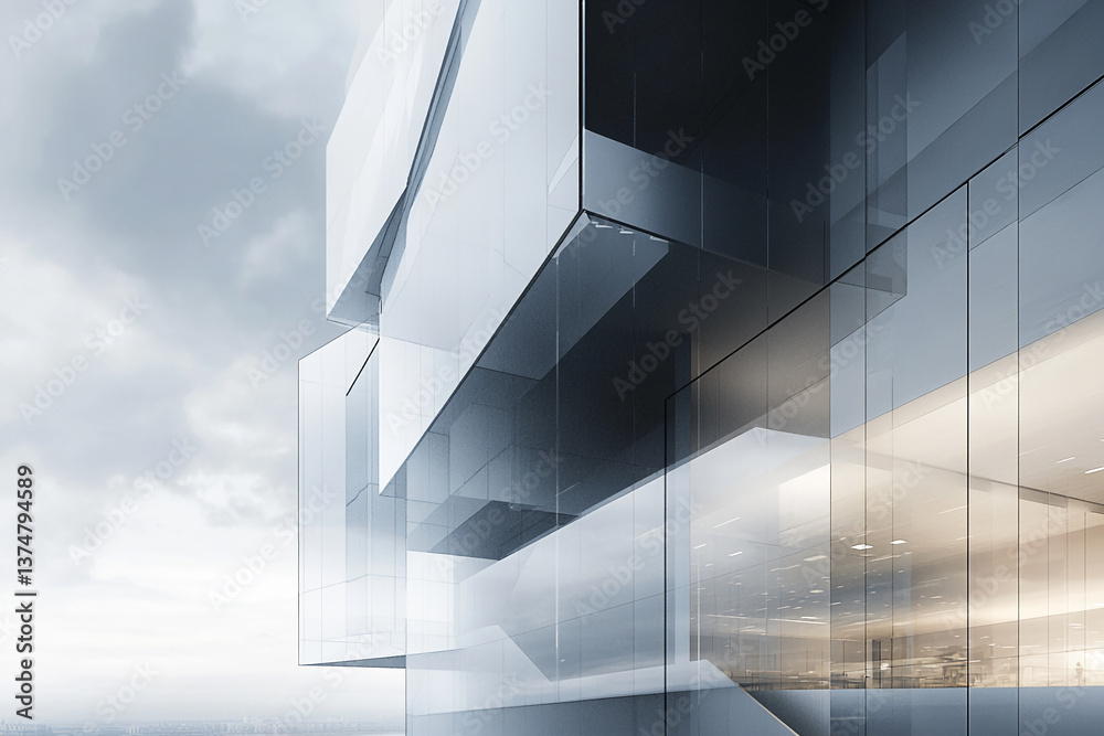 Poster low-angle view of modern glass building facade, showcasing geometric design and transparency, repres