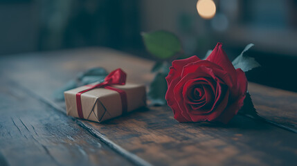 A classic red rose and a small wrapped Valentines Day present placed on a vintage wooden table.
