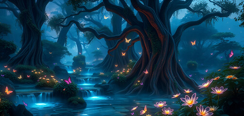 Obraz premium Enchanted Fantasy Jungle in 8K UHD | Mystical Forest with Glowing Foliage, Waterfalls & Butterflies EN123