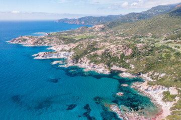 Naklejka premium Aerial view to Bosa coast, panoramic road Bosa-Alghero, Sardinia, Italy, Europe