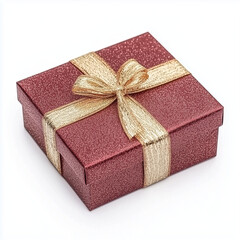 Sparkling red gift box with gold ribbon and bow on white background