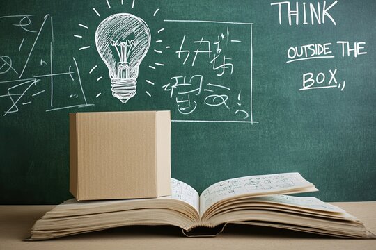 Open book, lightbulb, chalkboard