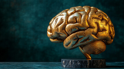 A golden brain sculpture on an isolated background, symbolizing intelligence, creativity, and innovation in modern art. Represents the power of thought, knowledge, and cognitive exploration.

