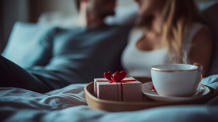 A couple enjoying breakfast in bed with a small Valentines Day gift box on the tray.