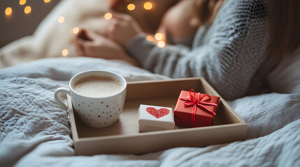 A couple enjoying breakfast in bed with a small Valentines Day gift box on the tray.