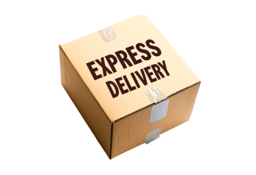 Cardboard box for express delivery service isolated on transparent background