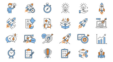 Startup icons: Ideas, teamwork, and growth.