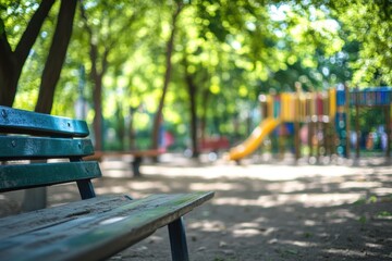 Blurred background of a children's playground, with a blurry focus on a bench, green trees, and people walking in the city park Generative AI