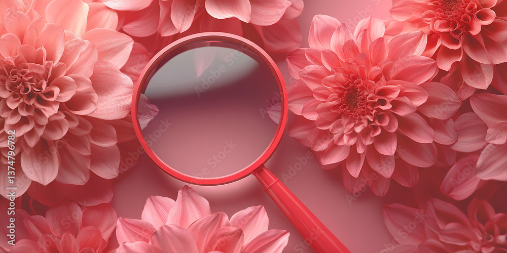 Aufkleber red magnifying glass on pink dahlia flowers background, creating a stylish and elegant composition, 