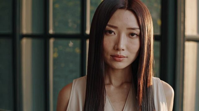 Mujer de origen asi&aacute;tico con expresi&oacute;n neutra y mirada directa a c&aacute;mara, en un entorno elegante y minimalista con luz natural suave, ideal para fashion film o contenido editorial.  
