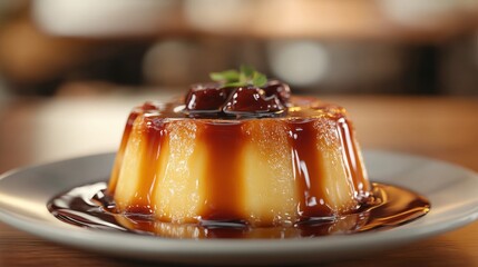 Creamy, golden-brown flan dessert, drizzled with caramel sauce, topped with a small sprig of herbs, served on a plate.