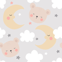 Seamless pattern with  bear, moon, clouds, and stars. Kids vector illustration. It can be used for wallpapers, wrappers, cards, patterns for clothes, and others.