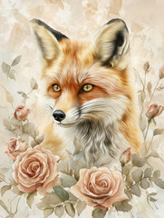 Fototapeta premium Red fox in soft rose garden watercolor background