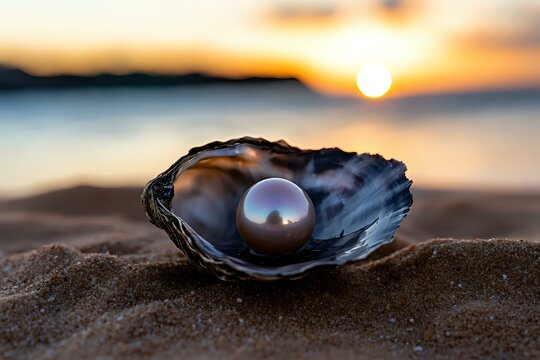 Black pearl in open oyster shell on sandy beach at sunset, with glowing sun and blurred horizon creating magical atmosphere. Natural luxury concept.