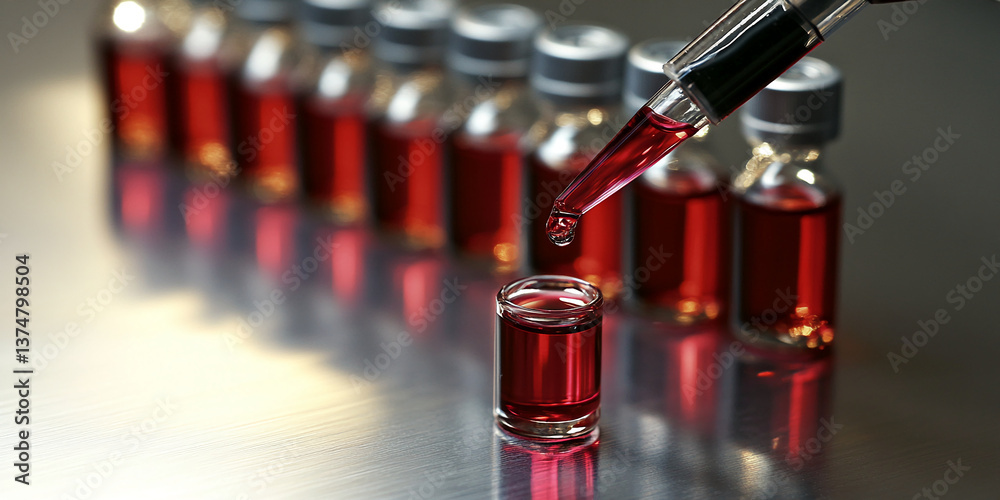 Poster Pipette dropping red liquid into a vial, row of vials in background, showcasing medical or scientific research, representing precision and analysis in laboratory setting