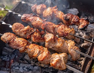 Juicy grilled meat skewers on charcoal bbq with smoke and flames