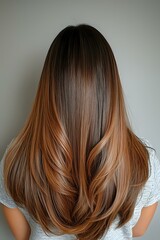 Fototapeta premium Back view of long straight brown hair with caramel balayage ombre highlighting technique showing smooth, glossy texture and layered cut styling.