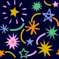 Seamless fun kid pattern with multicolor hand drawn stars. Colorful abstract background with fireworks. Childish cool geometric design for fabric, cover, banner, label, print, wrapping, wallpaper