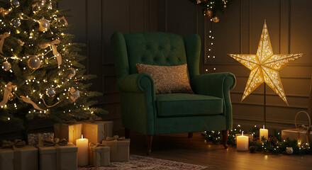 A cozy Christmas evening scene, featuring a plush emerald armchair bathed in warm candlelight, next to a twinkling Christmas tree and a luminous star, creating a tranquil and festive atmosphere.