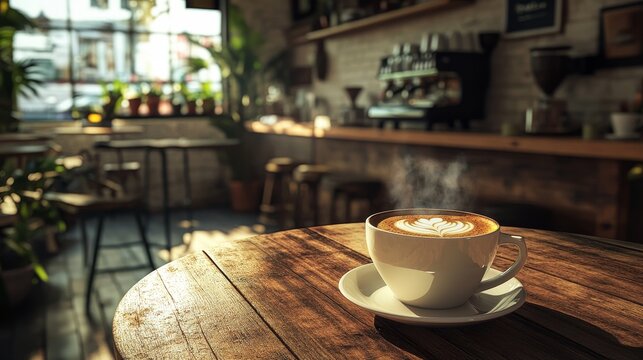 A cozy cafe features an aromatic cappuccino placed on a rustic wooden table