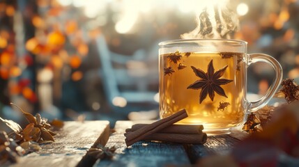 A warm and spicy tea, featuring cinnamon and star anise, sits on a wooden table