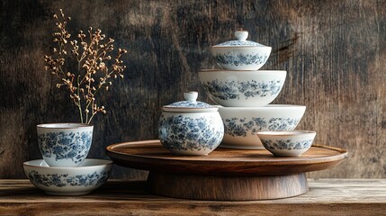 Minimalist vintage tea stand still life with porcelain tableware