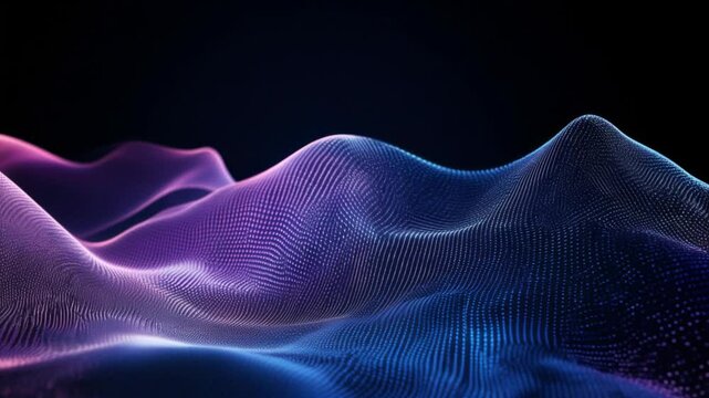 A high-tech holographic wave made of glowing digital particles, flowing smoothly in a futuristic style. The scene represents innovation, technology, and virtual environments
