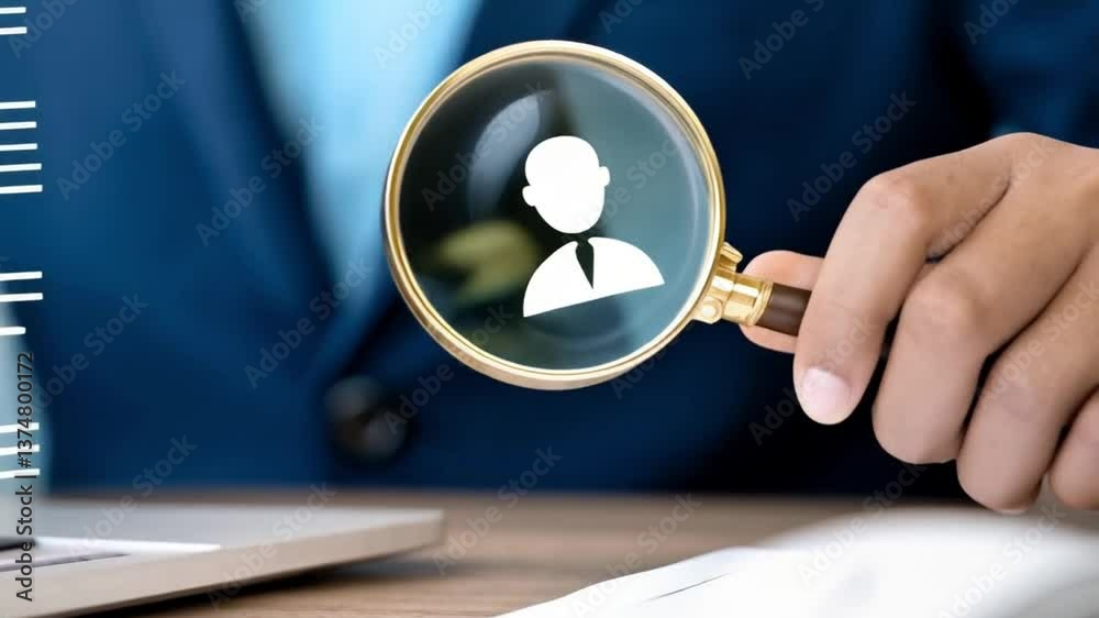 Poster man holding magnifying glass over person icon next to laptop and checklist on a desk surface