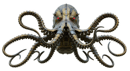 Obraz premium Steampunk Octopus Machine with Intricate Metal Design and Red Eyes