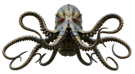 Steampunk Octopus Machine with Intricate Metal Design and Red Eyes