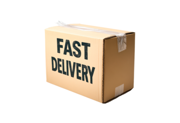 Cardboard box labeled fast delivery isolated on transparent background