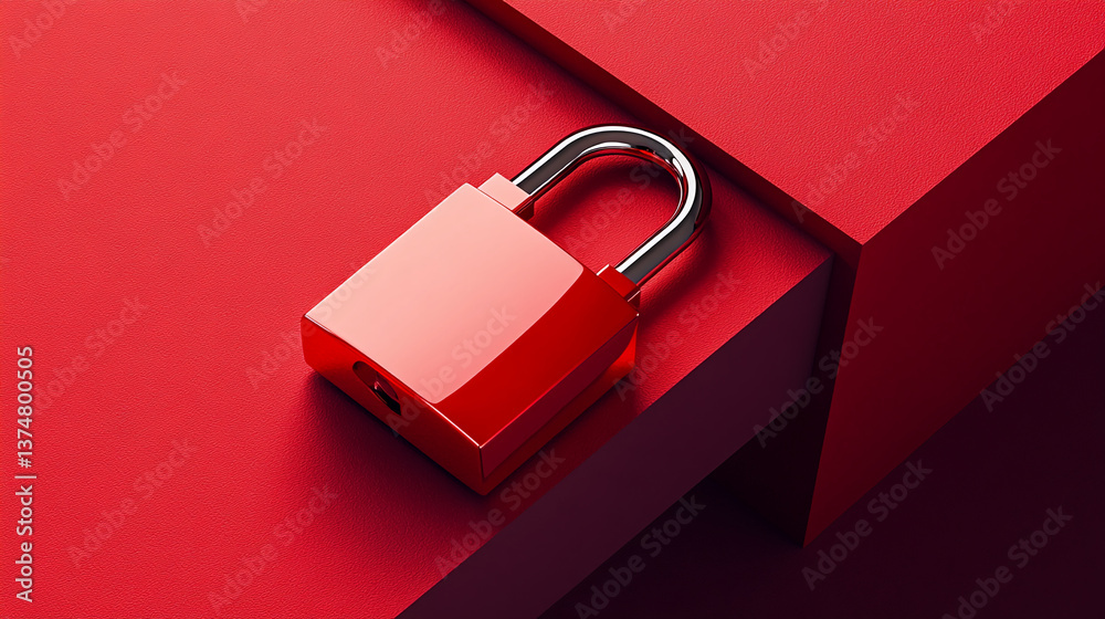 Poster red padlock on red textured surface, geometric shapes create a modern design, symbolizing security, 
