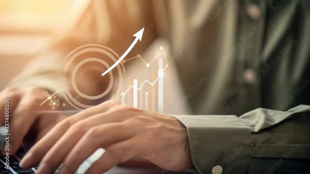 Poster Hands typing on a laptop with a target and upward trending graph overlayed for the year twenty twenty five