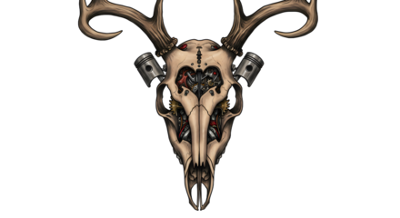 Deer Skull with Antlers and Engine Parts Creative Illustration