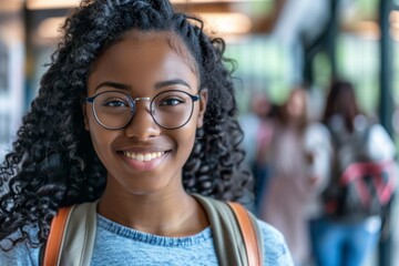 Fototapeta premium Smiling portrait of a young female African American student in a college in the USA